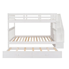 Stairway Full-Over-Full Bunk Bed with Twin size Trundle, Storage and Guard Rail for Bedroom, Dorm - White