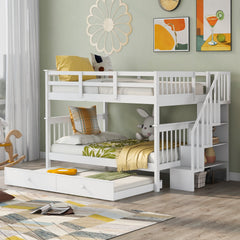 Stairway Full-Over-Full Bunk Bed with Twin size Trundle, Storage and Guard Rail for Bedroom, Dorm - White