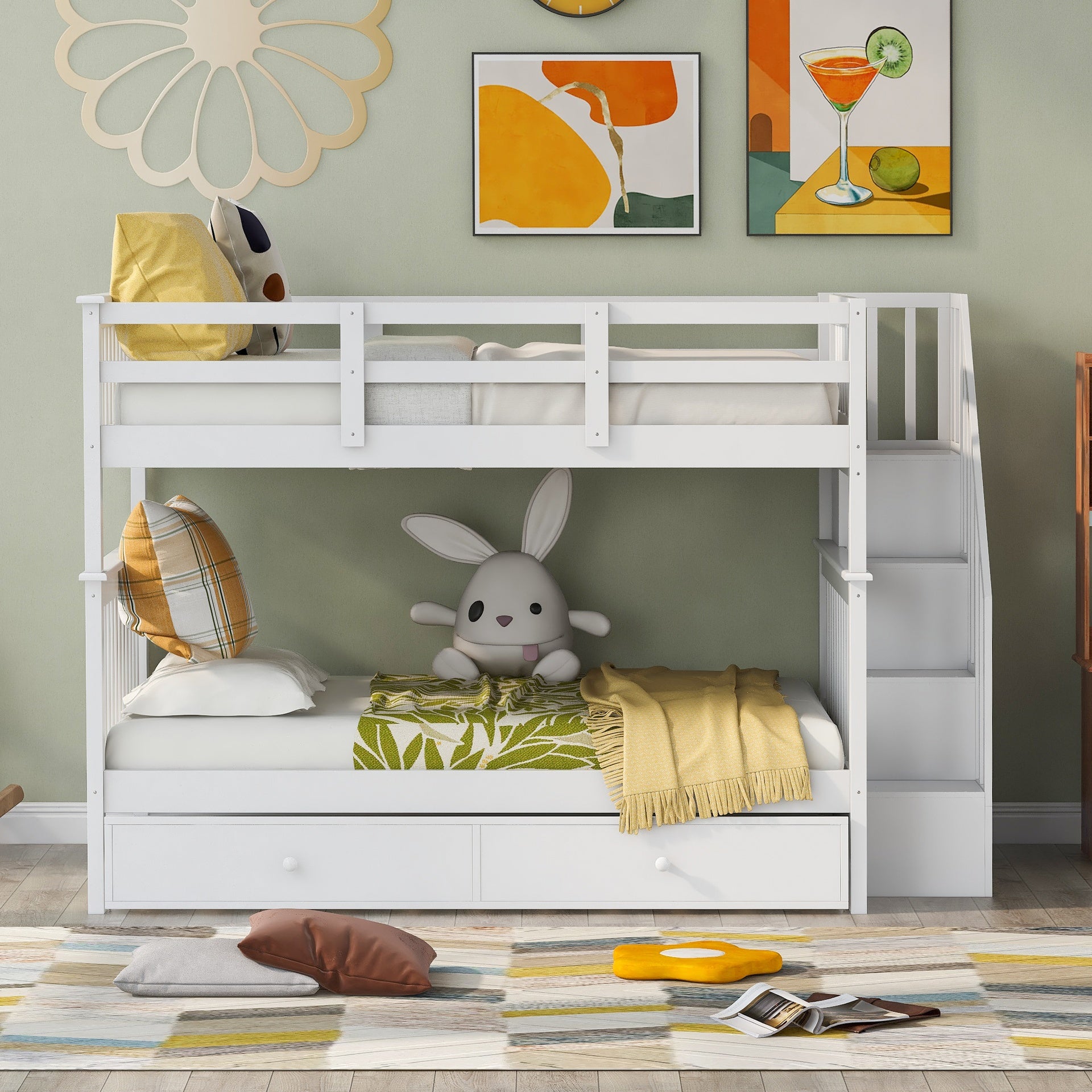 Stairway Full-Over-Full Bunk Bed with Twin size Trundle, Storage and Guard Rail for Bedroom, Dorm - White