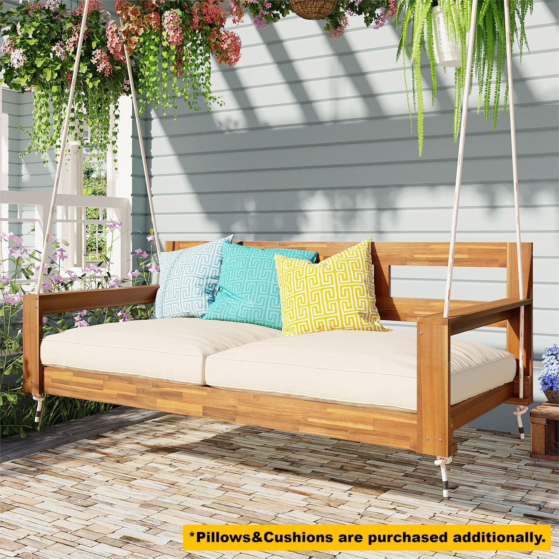 TOPMAX Patio Wooden Twin Size Porch Swing Daybed Frame, Garden Swing Bench Chair with 4 Hanging Ropes for Backyard,Outdoor,Natural