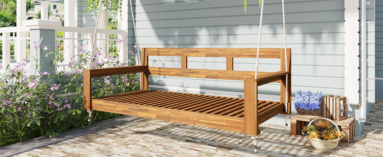 TOPMAX Patio Wooden Twin Size Porch Swing Daybed Frame, Garden Swing Bench Chair with 4 Hanging Ropes for Backyard,Outdoor,Natural