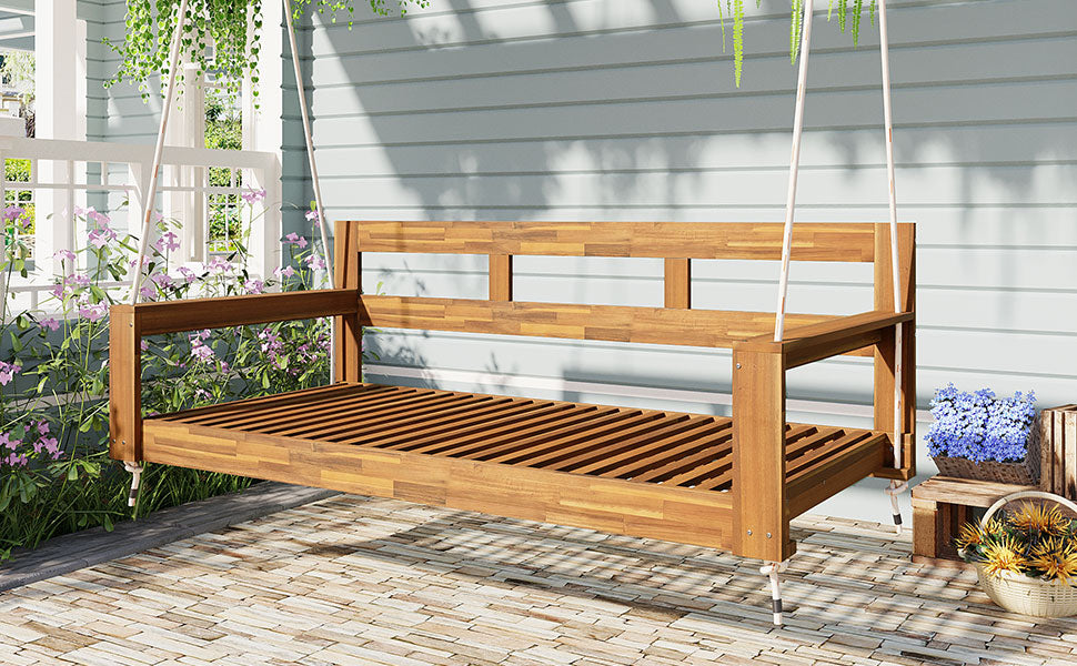 TOPMAX Patio Wooden Twin Size Porch Swing Daybed Frame, Garden Swing Bench Chair with 4 Hanging Ropes for Backyard,Outdoor,Natural