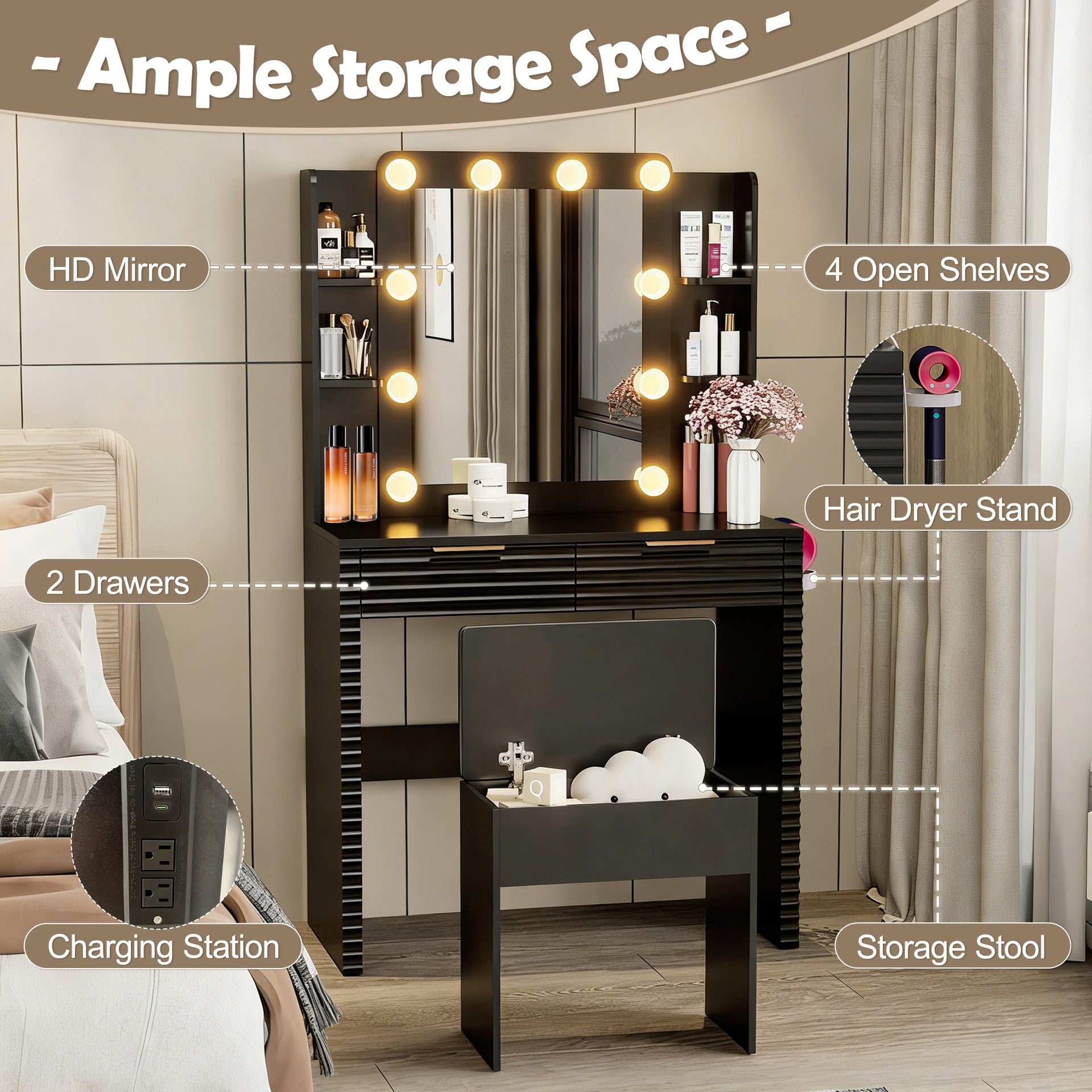 Makeup Vanity Desk with 10 Hollywood Bulbs, Fluted Dressing Table with Charging Station, 2 Drawers and 4 Open Shelves, Hairdryer Holder, Padded Stool with Storage , Black