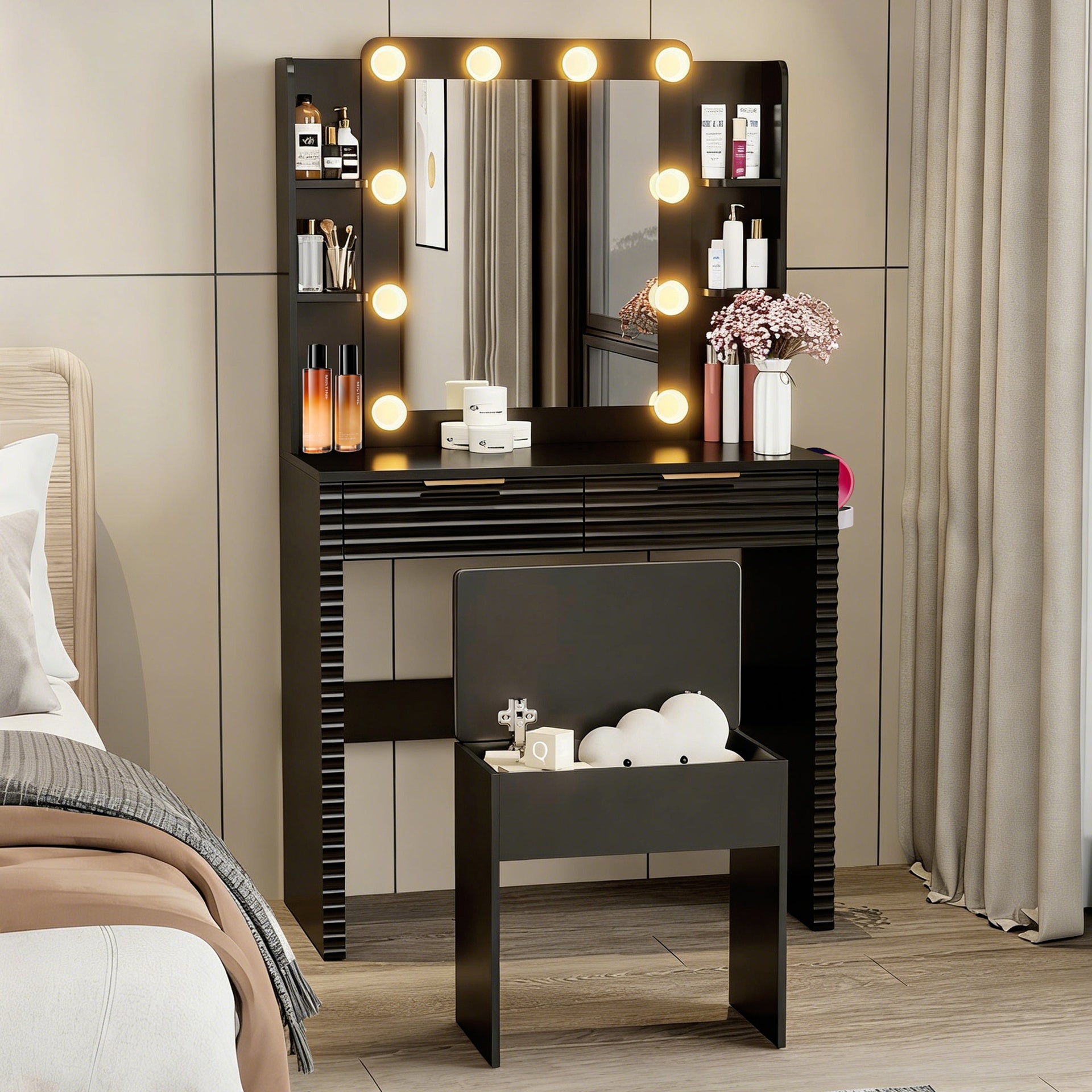 Makeup Vanity Desk with 10 Hollywood Bulbs, Fluted Dressing Table with Charging Station, 2 Drawers and 4 Open Shelves, Hairdryer Holder, Padded Stool with Storage , Black