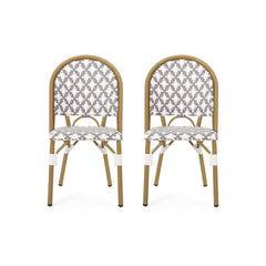 Outdoor PE Rattan and Aluminum French Bistro Chairs, Set of 2, Gray & White, and Bamboo Finish