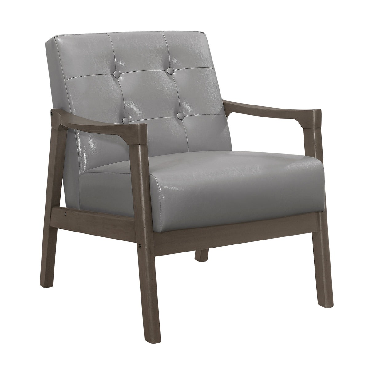 Accent Chair Button Tufted Gray Upholstery Cushion Seat Mid-Century Modern Furniture Solid Rubberwood Frame 1pc
