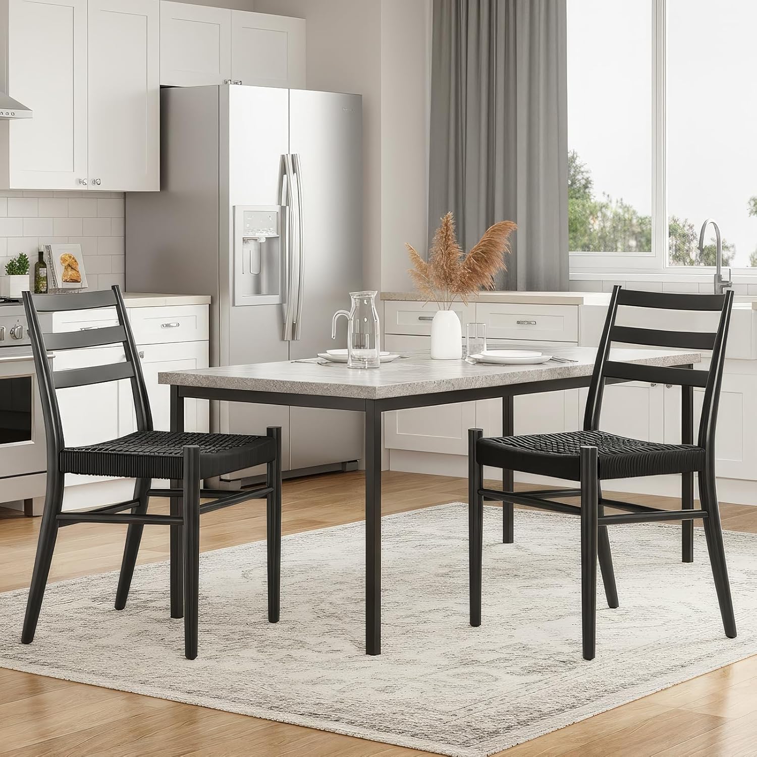 Dining Chairs Set of 2, Woven Rope Seat with Sturdy Metal Frame, Mid Century Modern Dining Room Chairs for Kitchen, Living Room, Restaurant