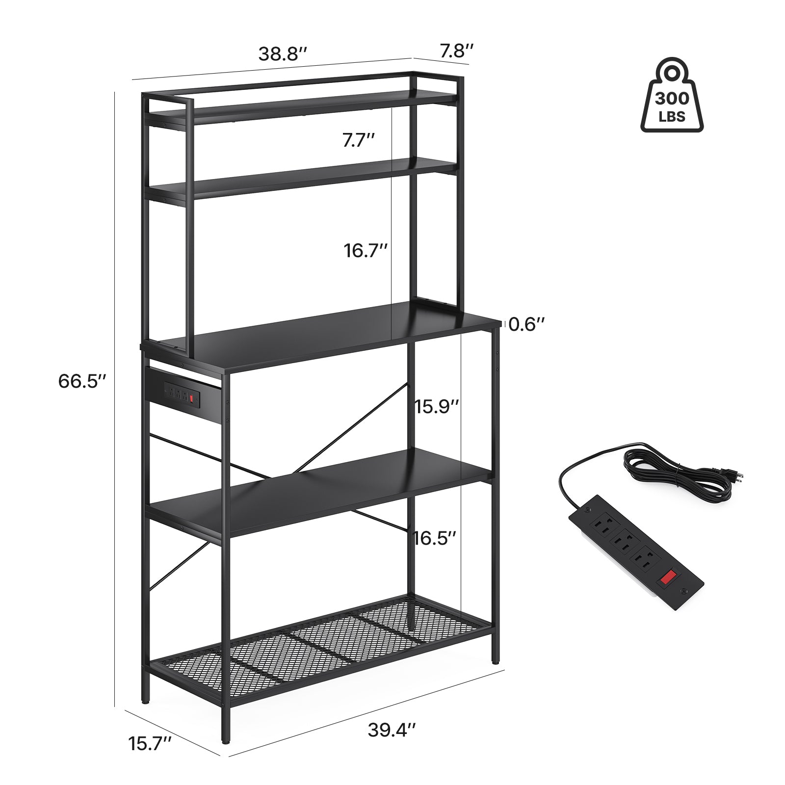 Large 5-Tier Bakers Rack with Electrical Outlets, 39 Inch Microwave Stand & Coffee Bar, Kitchen Storage Shelf for Home, Counter Space Organizer
