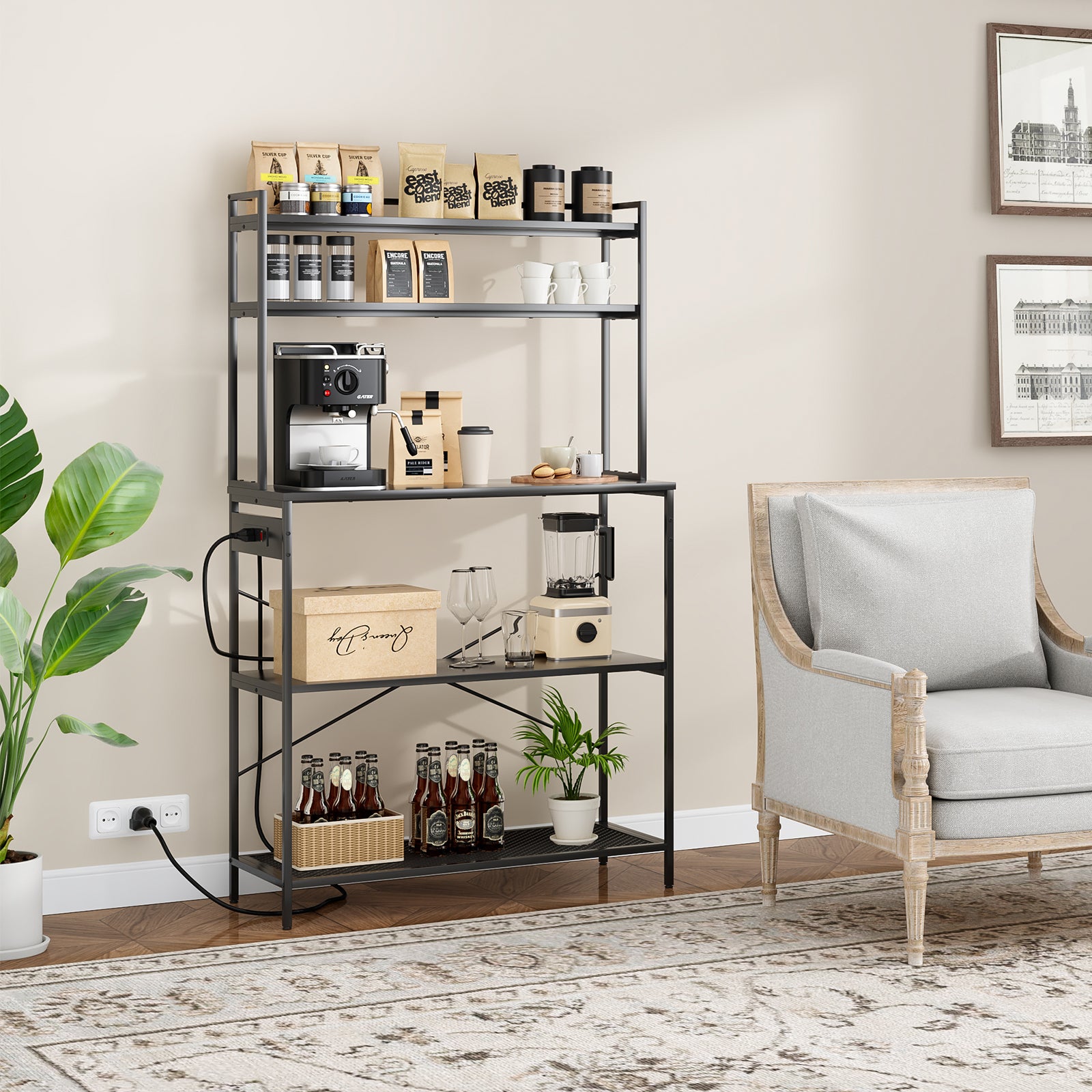 Large 5-Tier Bakers Rack with Electrical Outlets, 39 Inch Microwave Stand & Coffee Bar, Kitchen Storage Shelf for Home, Counter Space Organizer