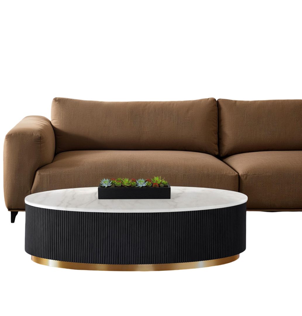Contemporary Style 1pc Oval Cocktail Table Marble Top Gold Accent Plinth Base Black White And Gold Finish Primary Living Room
