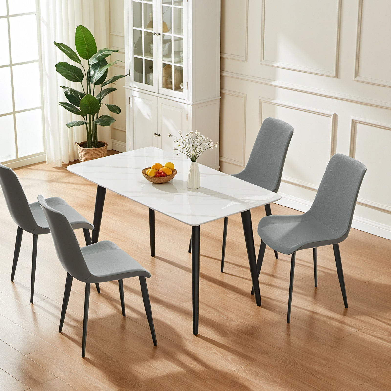 Light Grey & Dark Grey Leather Dining Chair with Metal Legs, Modern Upholstered Chair Set of 4 for Kitchen, Restaurant, Living, Meeting Room