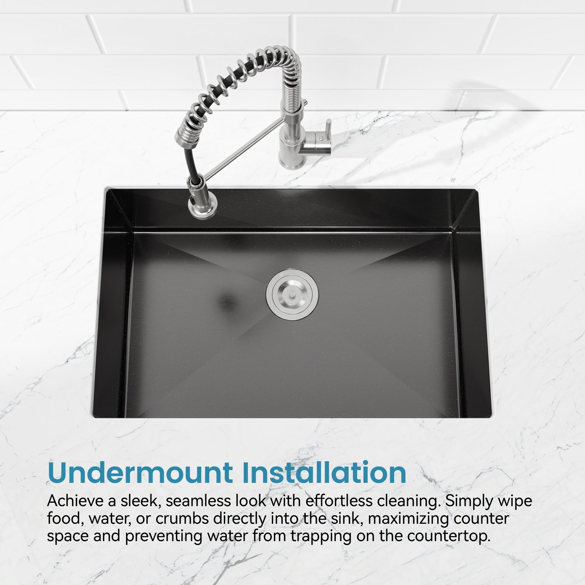 Stainless Steel Kitchen Sink, 27″x19″ Single Bowl, Undermount Handmade Sink in Black, with US Standard Drain and Hook