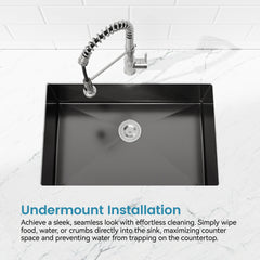 Stainless Steel Kitchen Sink, 27″x19″ Single Bowl, Undermount Handmade Sink in Black, with US Standard Drain and Hook