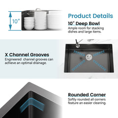 Stainless Steel Kitchen Sink, 27″x19″ Single Bowl, Undermount Handmade Sink in Black, with US Standard Drain and Hook