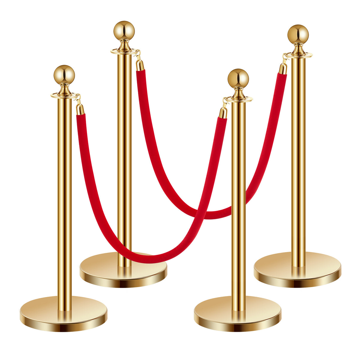 Stanchions and Velvet Ropes 4Pcs, Hollow Base with Stainless Steel Post, 2 Red Velvet Ropes and Posts, Crowd Control Barriers Gold Stanchions, Red Carpet Runner Poles for Party Supplies