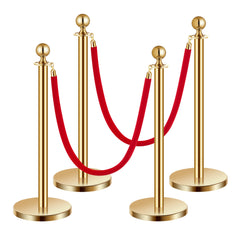 Stanchions and Velvet Ropes 4Pcs, Hollow Base with Stainless Steel Post, 2 Red Velvet Ropes and Posts, Crowd Control Barriers Gold Stanchions, Red Carpet Runner Poles for Party Supplies