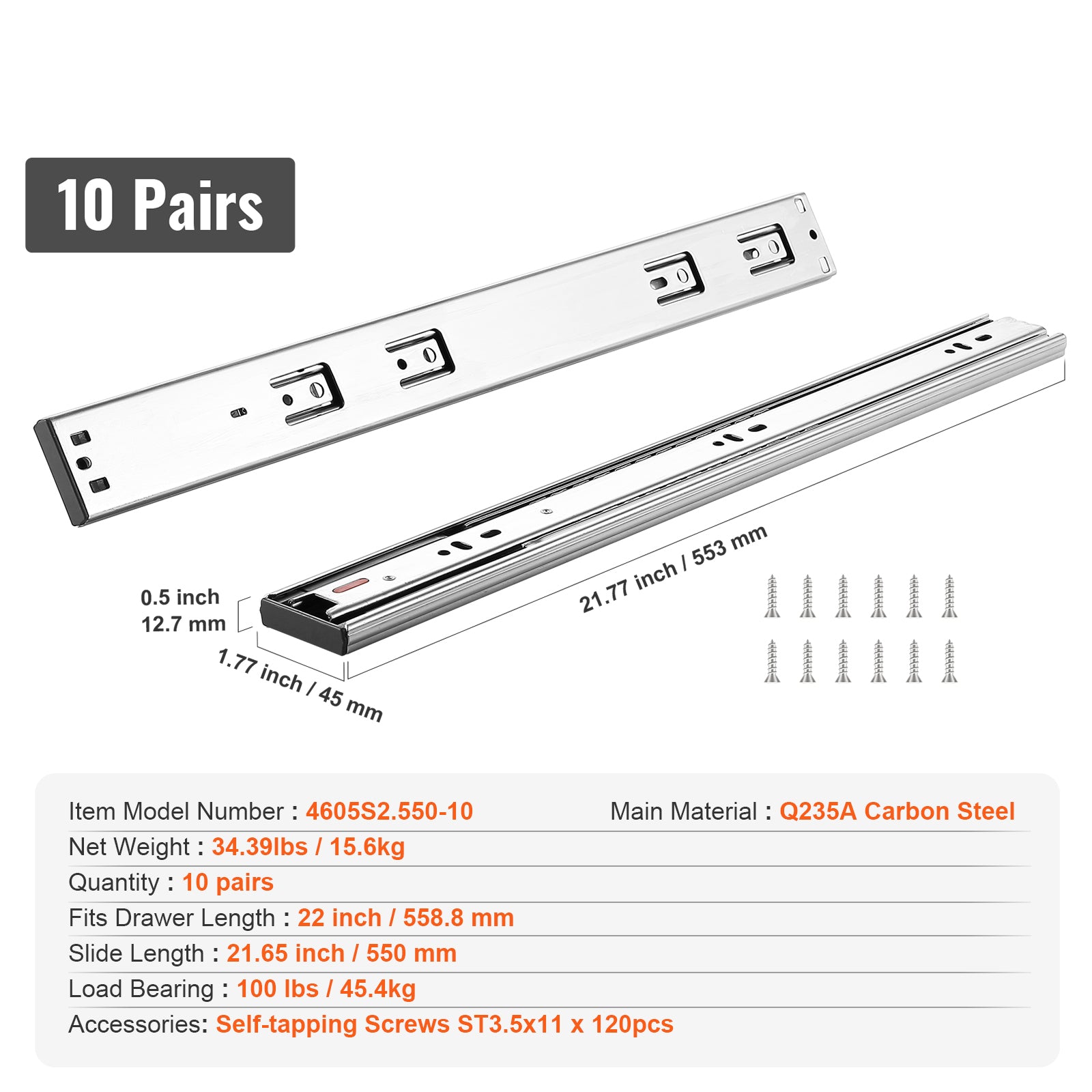 Drawer Slides Side Mount Rails, Soft-Close10 Pairs 22 Inch, Heavy Duty Full Extension Steel Track, Noiseless Guide Glides Cabinet Kitchen Runners with Ball Bearing, 100 Lbs Load Capacity