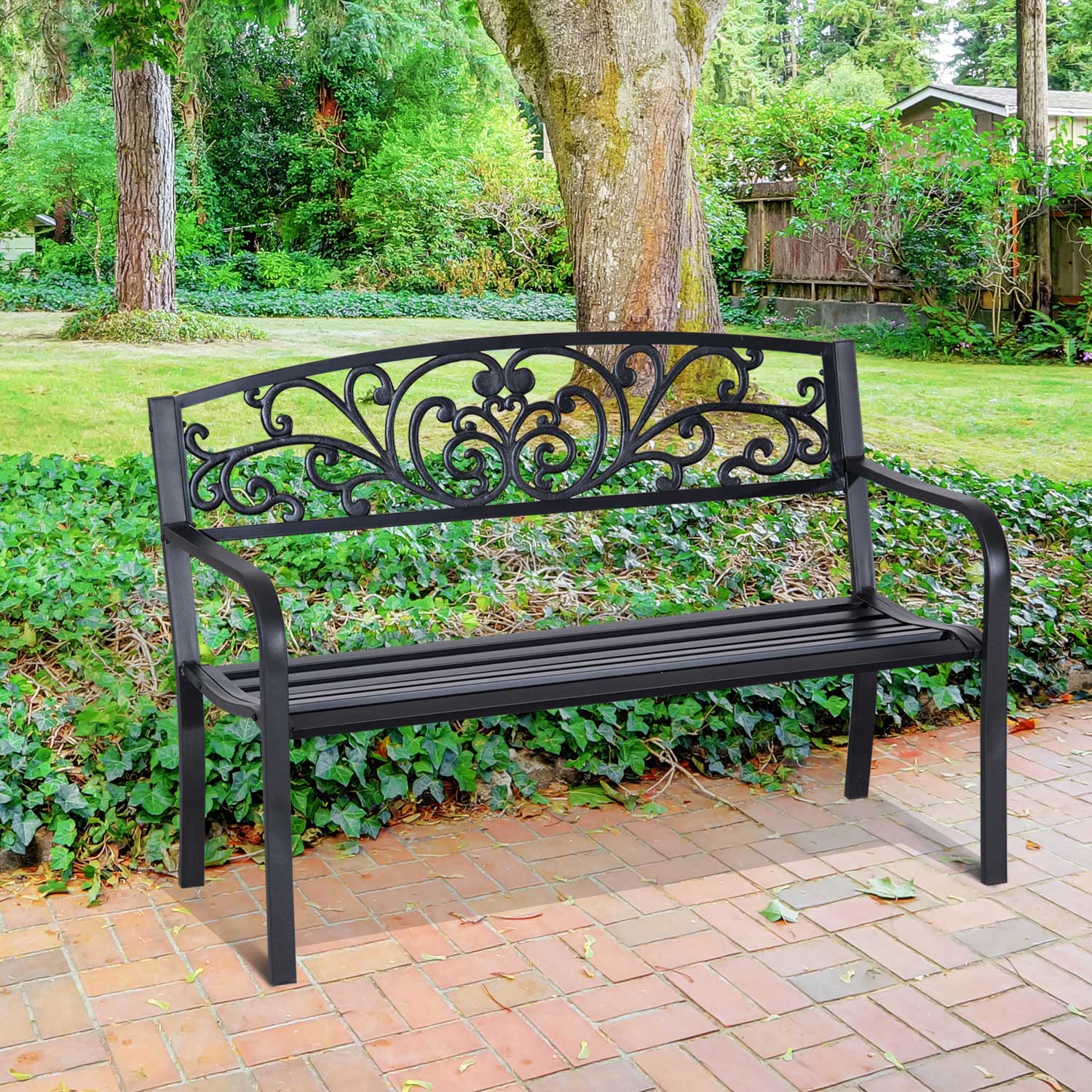 Outsunny 50" Outdoor Bench, Metal Garden Bench with Floral Pattern Backrest, Porch Bench with Slatted Seat for Park, Yard, Lawn, Black