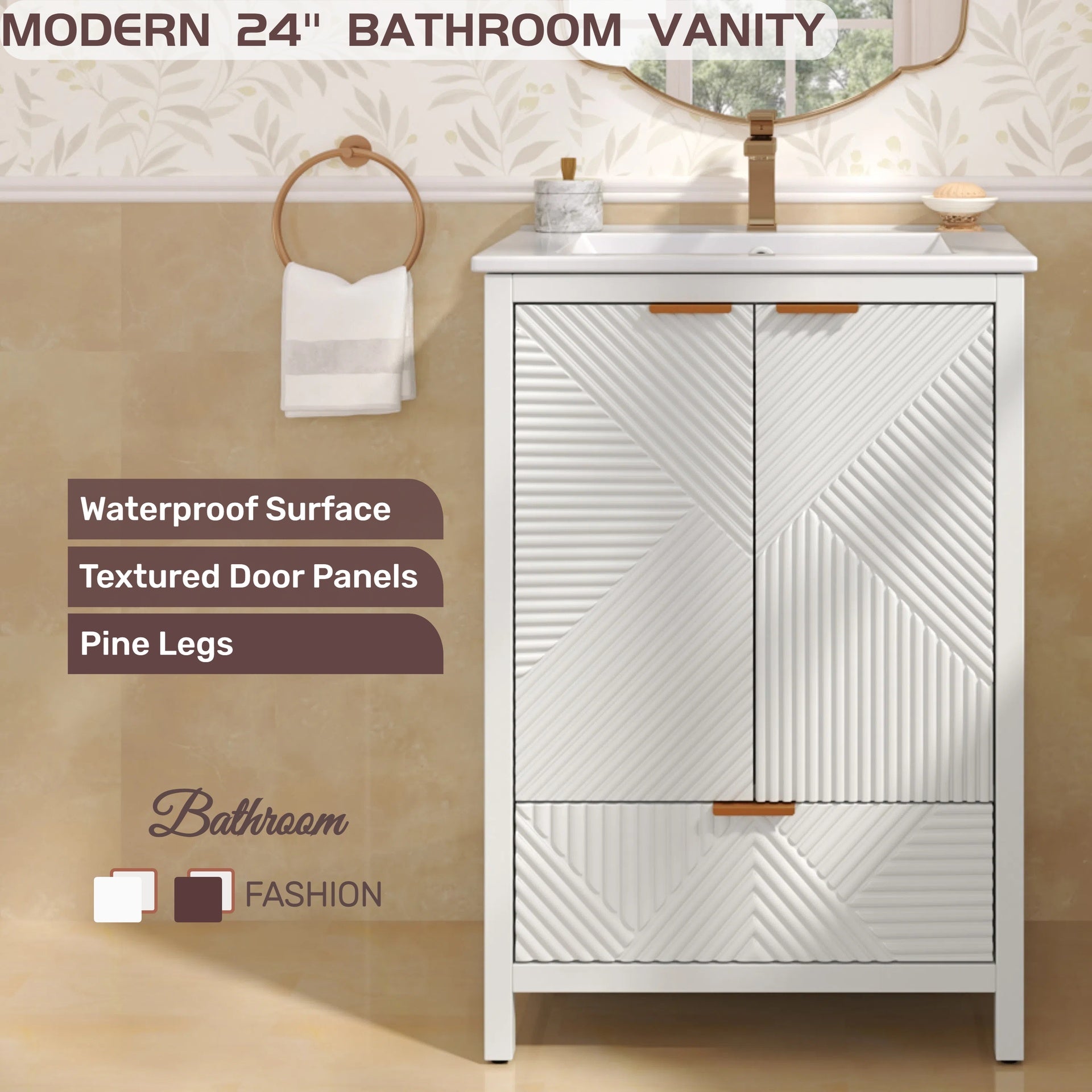 24 Inches Bathroom Vanity with Sink Combo, Modern Bathroom Vanity with Single Faucet Hole, Textured Door Panels and a Drawer, Pine Legs, Large Storage Space & Soft Close Hinges, White