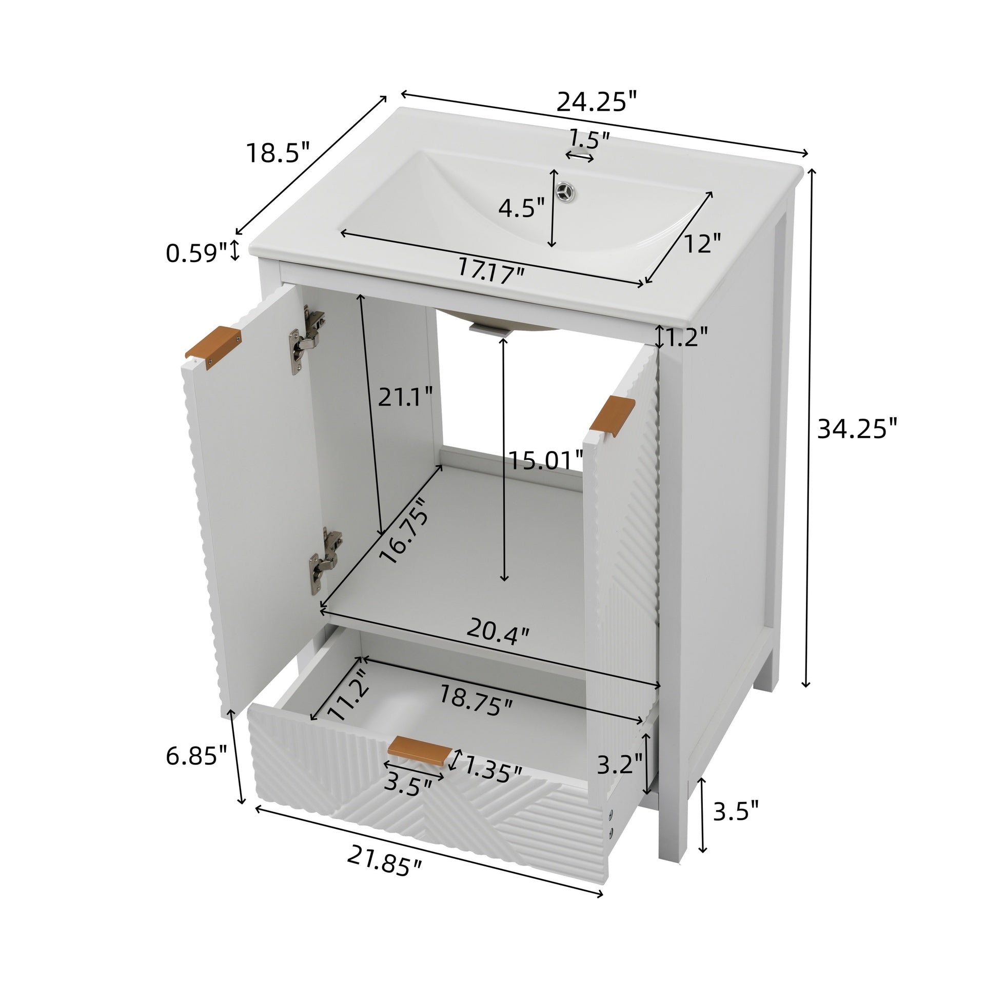 24 Inches Bathroom Vanity with Sink Combo, Modern Bathroom Vanity with Single Faucet Hole, Textured Door Panels and a Drawer, Pine Legs, Large Storage Space & Soft Close Hinges, White
