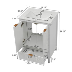 24 Inches Bathroom Vanity with Sink Combo, Modern Bathroom Vanity with Single Faucet Hole, Textured Door Panels and a Drawer, Pine Legs, Large Storage Space & Soft Close Hinges, White