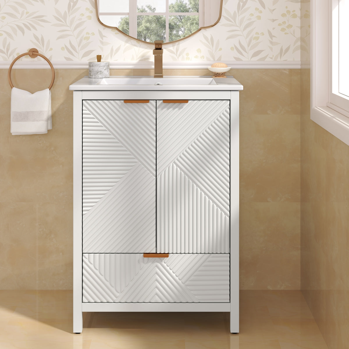 24 Inches Bathroom Vanity with Sink Combo, Modern Bathroom Vanity with Single Faucet Hole, Textured Door Panels and a Drawer, Pine Legs, Large Storage Space & Soft Close Hinges, White
