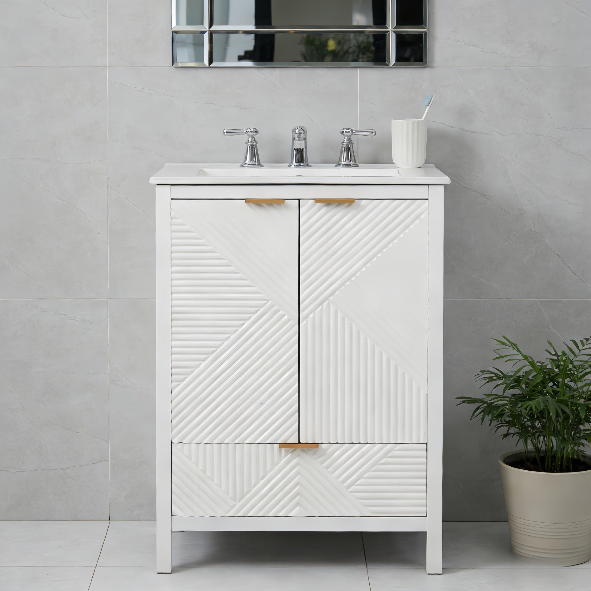 24 Inches Bathroom Vanity with Sink Combo, Modern Bathroom Vanity with Single Faucet Hole, Textured Door Panels and a Drawer, Pine Legs, Large Storage Space & Soft Close Hinges, White