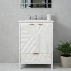24 Inches Bathroom Vanity with Sink Combo, Modern Bathroom Vanity with Single Faucet Hole, Textured Door Panels and a Drawer, Pine Legs, Large Storage Space & Soft Close Hinges, White