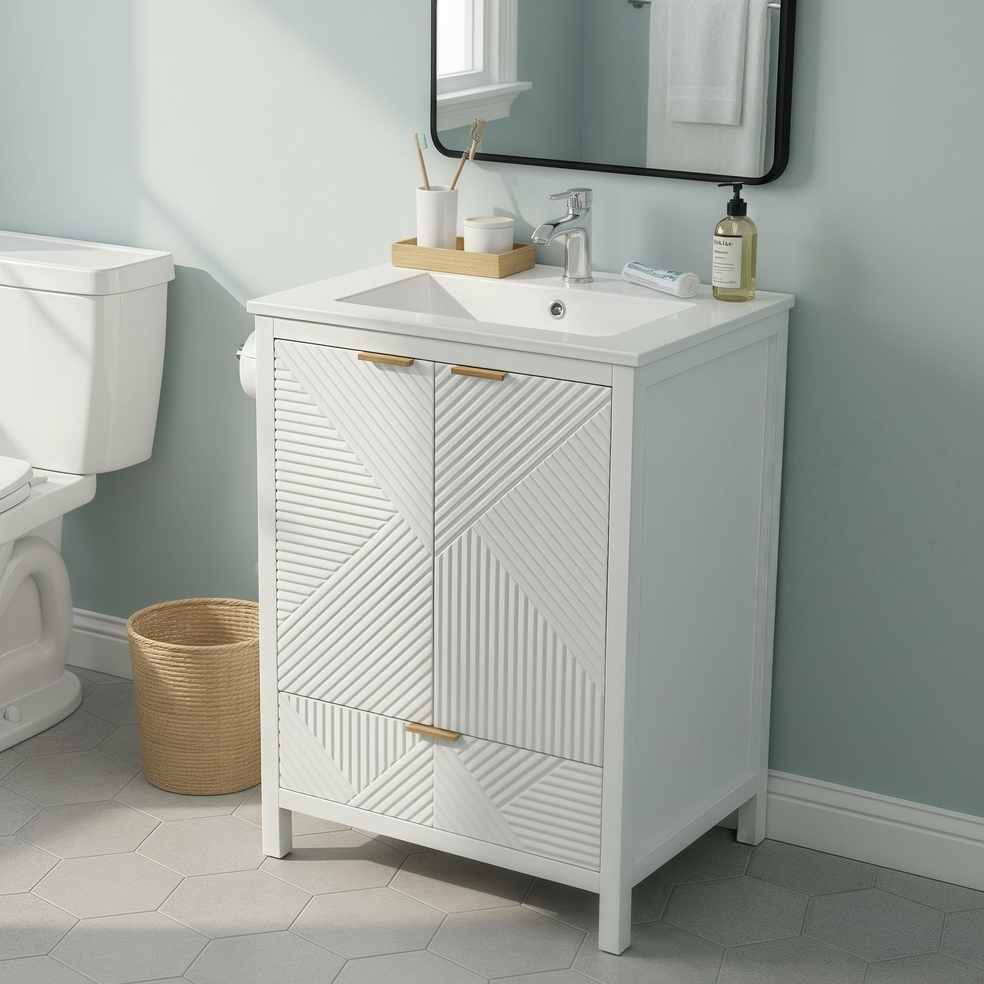 24 Inches Bathroom Vanity with Sink Combo, Modern Bathroom Vanity with Single Faucet Hole, Textured Door Panels and a Drawer, Pine Legs, Large Storage Space & Soft Close Hinges, White