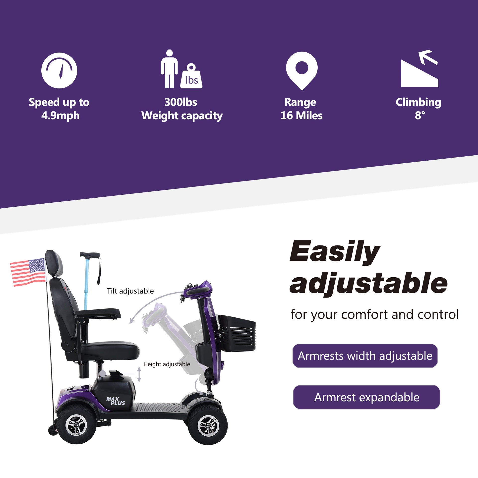 MAX PLUS DARK PURPLE 4 Wheels Outdoor Compact Mobility Scooter with 2pcs*20AH Lead acid Battery, 16 Miles, Cup Holders & USB charger Port