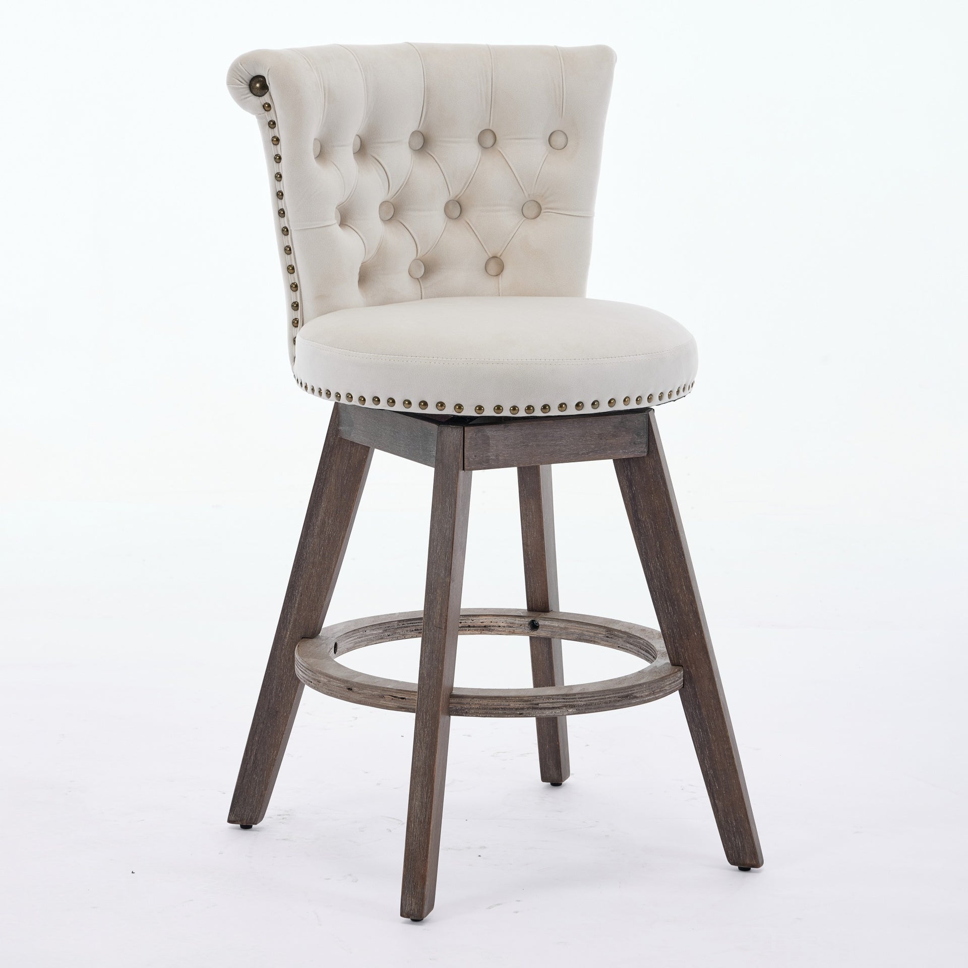 26" Counter Height Bar Stools Set of 2, 360° Swivel Stools with Back & Hand - Tufted Button - Trimmed Edges, Upholstered Velvet Kitchen Counter Stools on Wood Legs,Beige,SW1868BG
