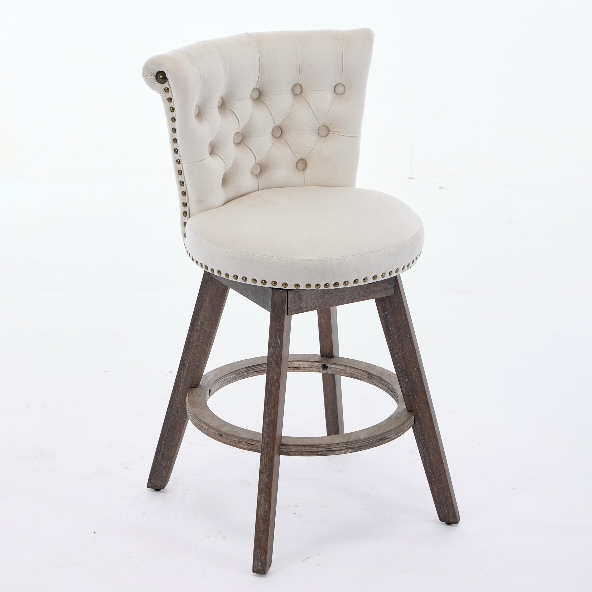 26" Counter Height Bar Stools Set of 2, 360° Swivel Stools with Back & Hand - Tufted Button - Trimmed Edges, Upholstered Velvet Kitchen Counter Stools on Wood Legs,Beige,SW1868BG