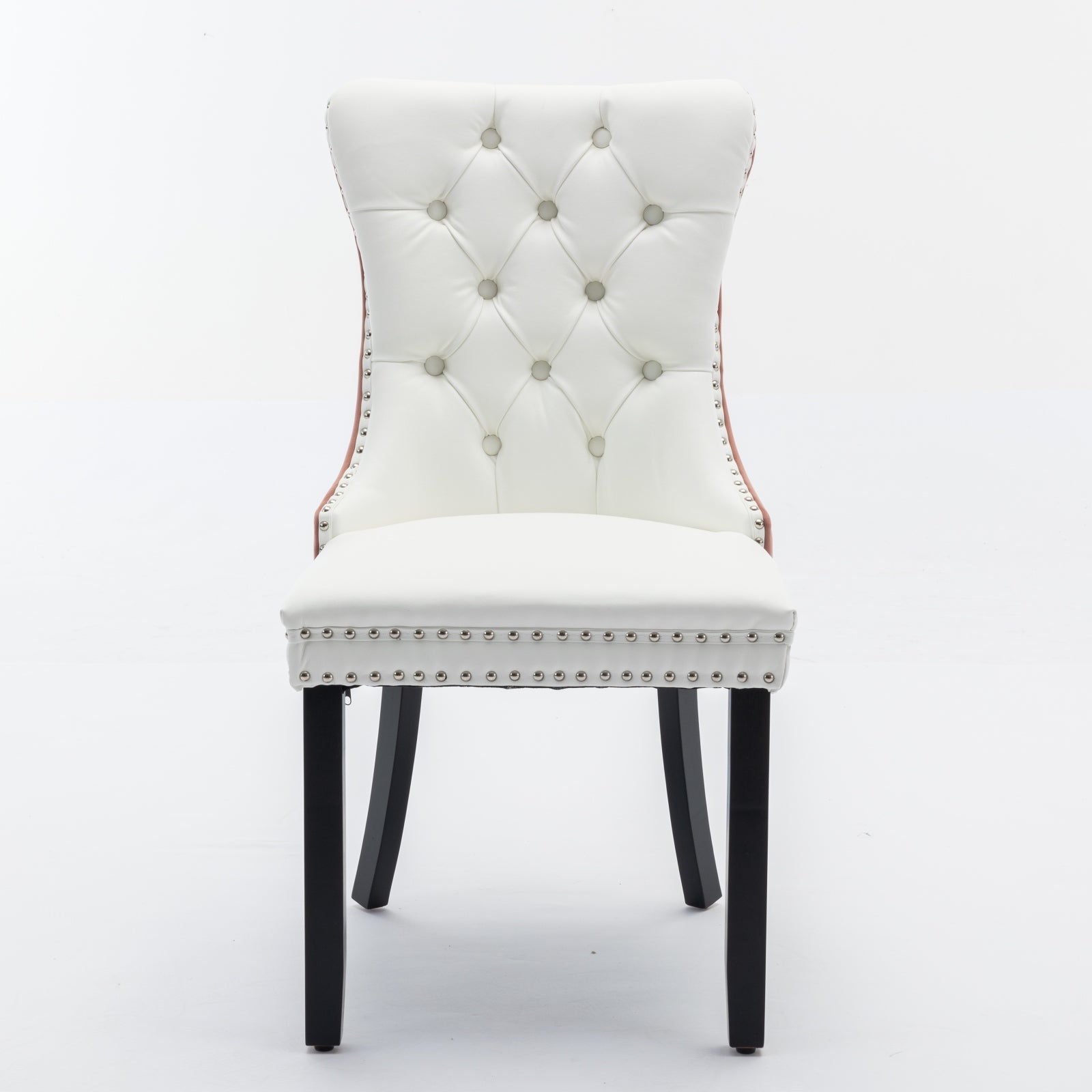 A&A Furniture,Nikki Collection Modern, High-end Tufted Solid Wood Contemporary PU and Velvet Upholstered Dining Chair with Wood Legs Nailhead Trim  2-Pcs Set, White PU+Pink Velvet, SW2101WK