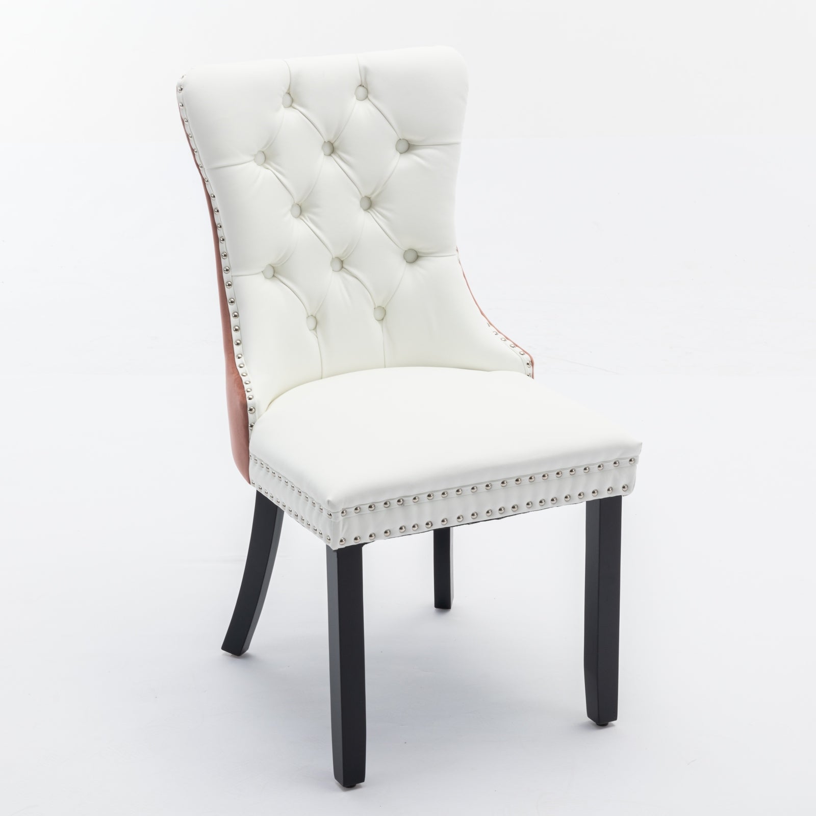 A&A Furniture,Nikki Collection Modern, High-end Tufted Solid Wood Contemporary PU and Velvet Upholstered Dining Chair with Wood Legs Nailhead Trim  2-Pcs Set, White PU+Pink Velvet, SW2101WK