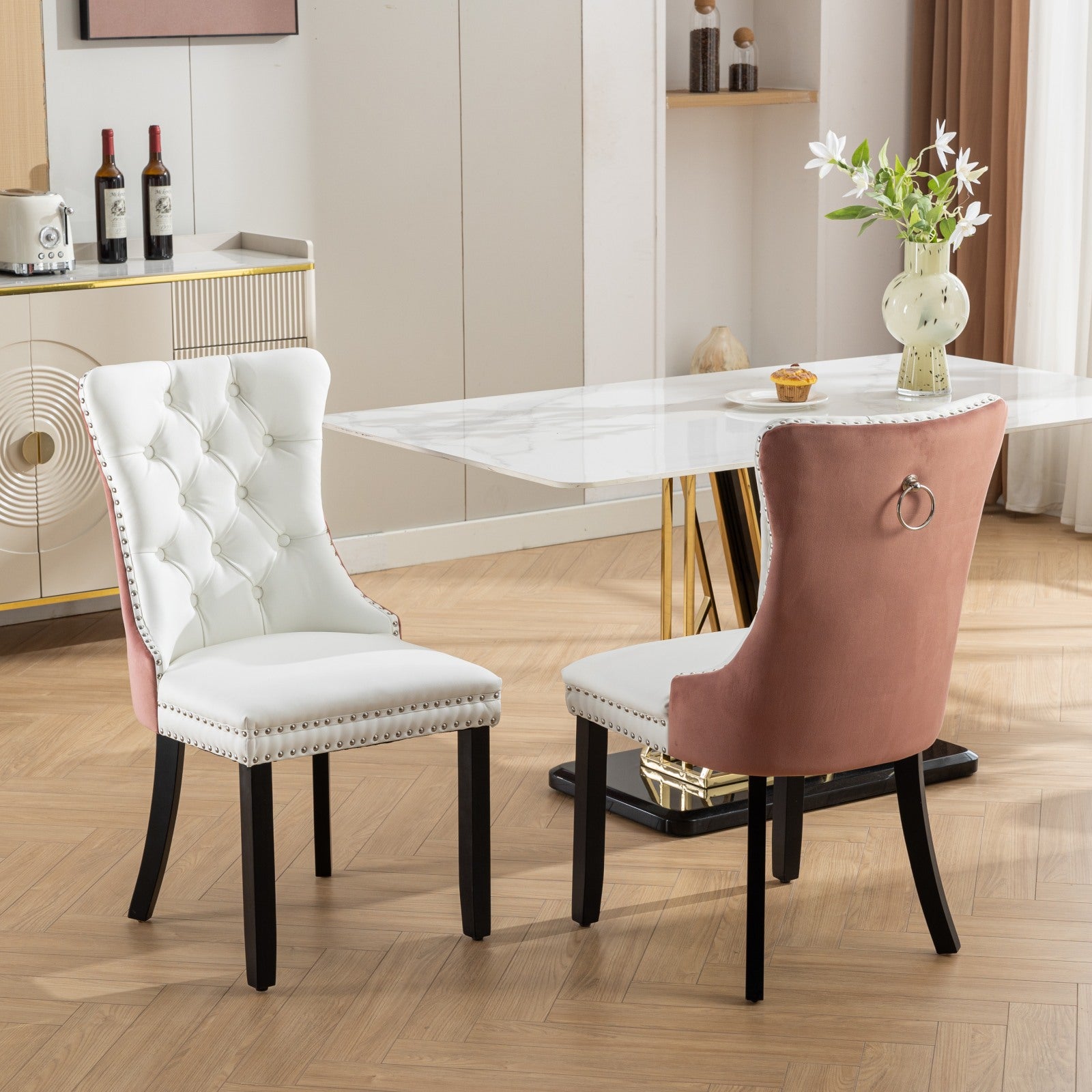 A&A Furniture,Nikki Collection Modern, High-end Tufted Solid Wood Contemporary PU and Velvet Upholstered Dining Chair with Wood Legs Nailhead Trim  2-Pcs Set, White PU+Pink Velvet, SW2101WK