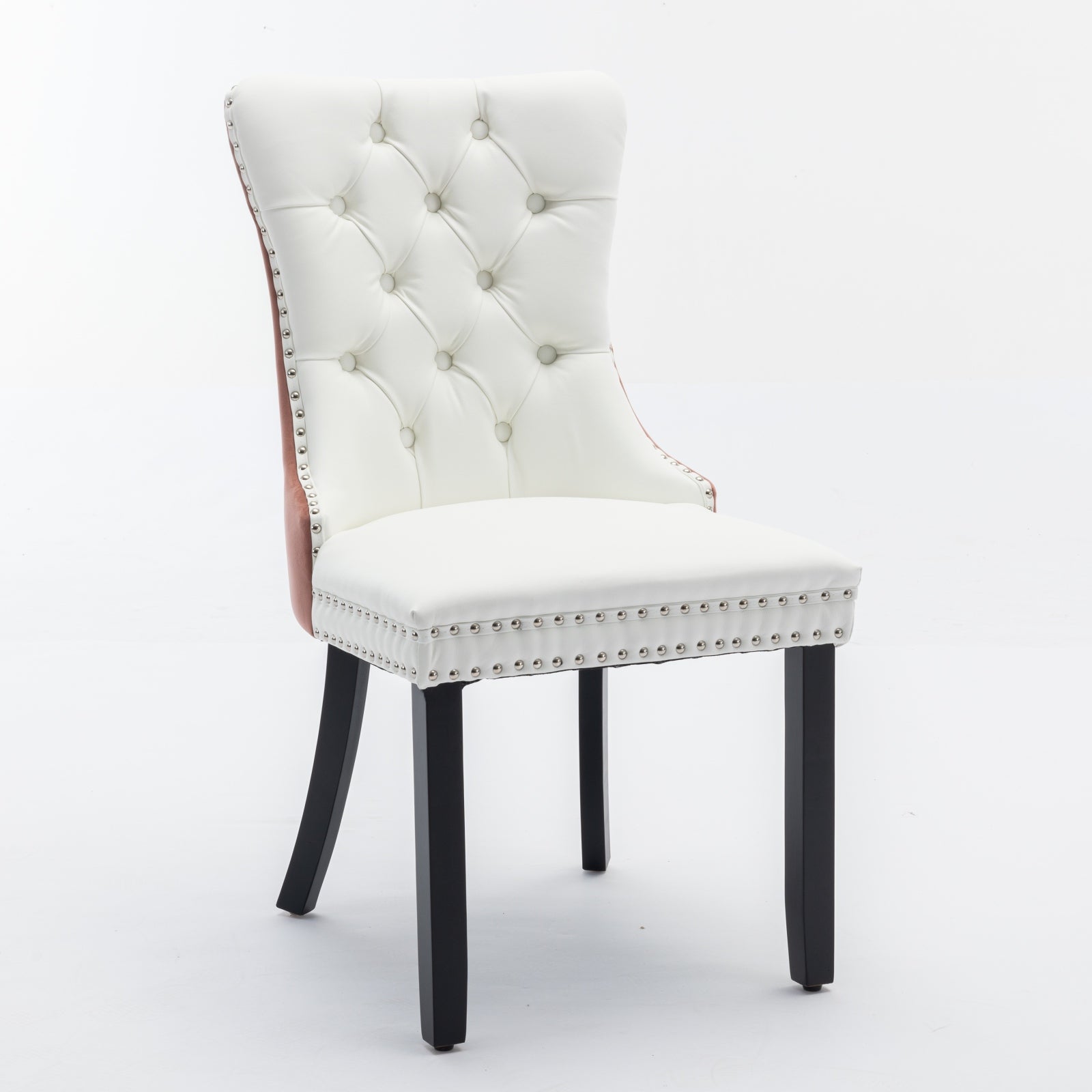 A&A Furniture,Nikki Collection Modern, High-end Tufted Solid Wood Contemporary PU and Velvet Upholstered Dining Chair with Wood Legs Nailhead Trim  2-Pcs Set, White PU+Pink Velvet, SW2101WK