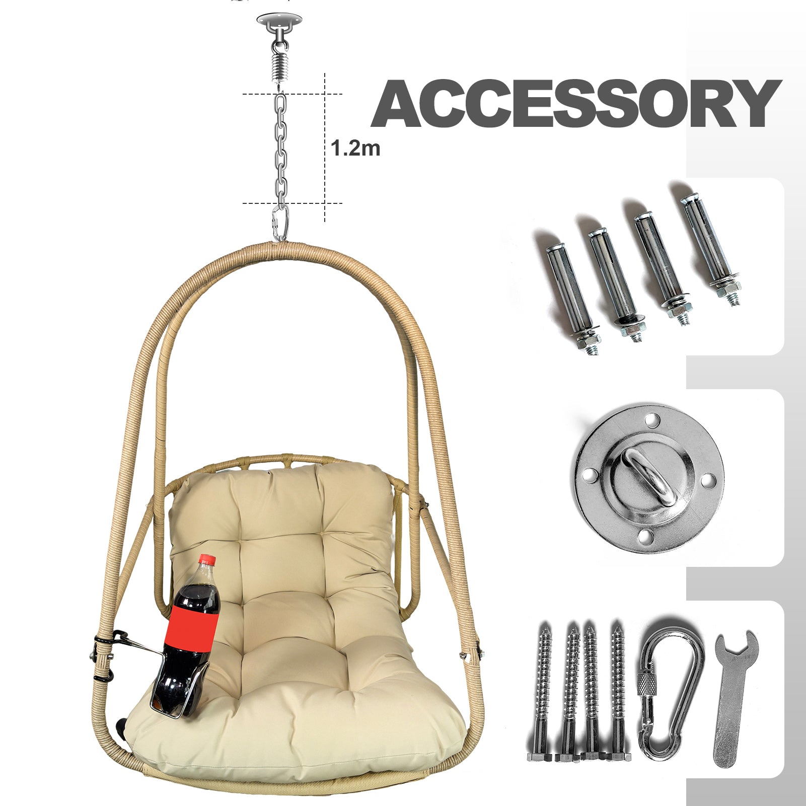 Swing Egg Chair without Stand Indoor Outdoor Wicker Rattan Patio Basket Hanging Chair with C Type bracket , with cushion and pillow,Patio Wicker folding Hanging Chair( Special construction cup holder
