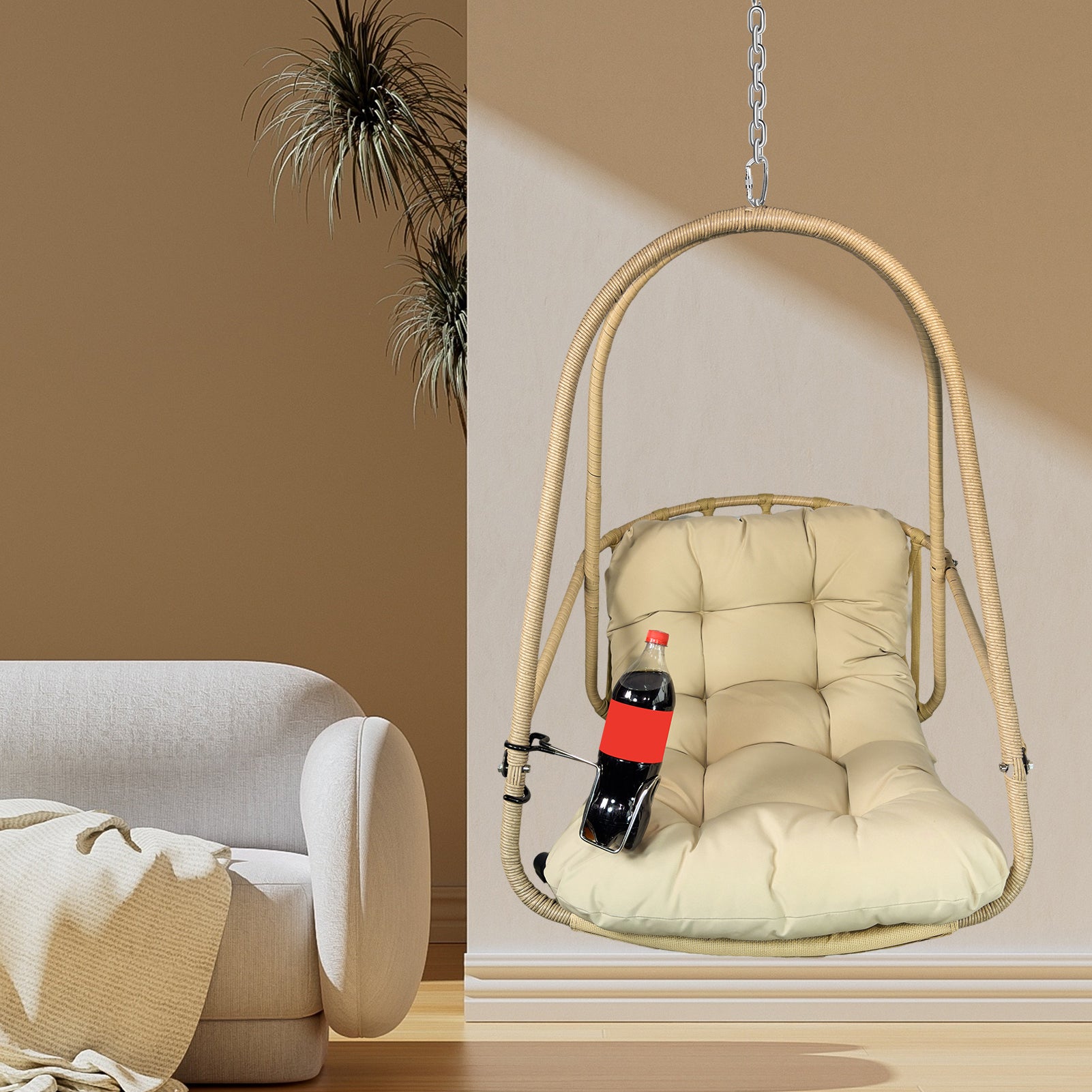 Swing Egg Chair without Stand Indoor Outdoor Wicker Rattan Patio Basket Hanging Chair with C Type bracket , with cushion and pillow,Patio Wicker folding Hanging Chair( Special construction cup holder
