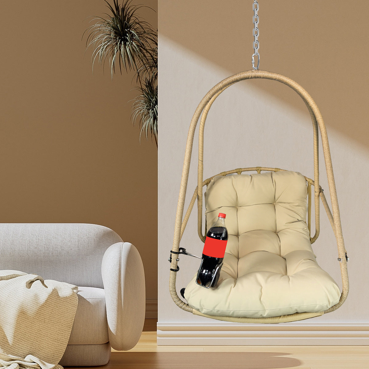 Swing Egg Chair without Stand Indoor Outdoor Wicker Rattan Patio Basket Hanging Chair with C Type bracket , with cushion and pillow,Patio Wicker folding Hanging Chair( Special construction cup holder