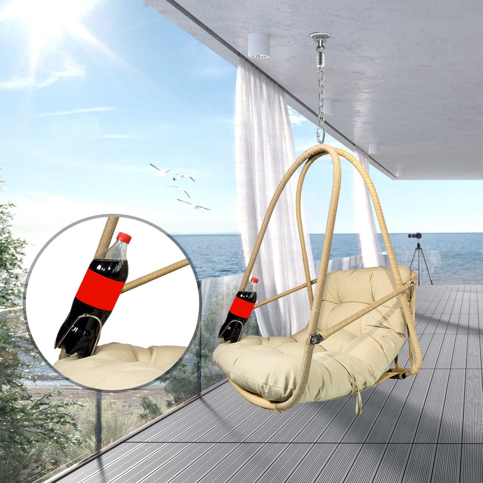 Swing Egg Chair without Stand Indoor Outdoor Wicker Rattan Patio Basket Hanging Chair with C Type bracket , with cushion and pillow,Patio Wicker folding Hanging Chair( Special construction cup holder