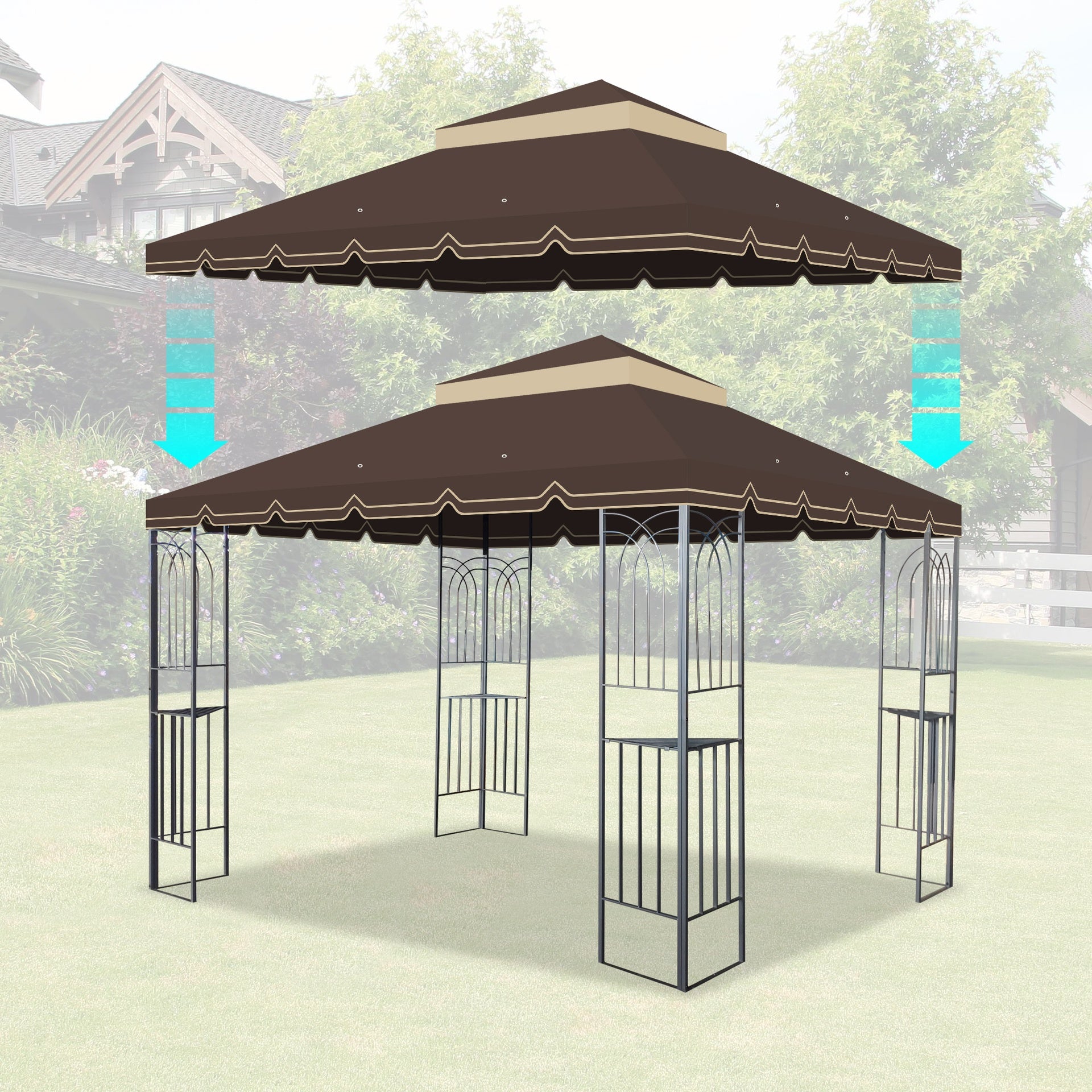10x10 Ft Outdoor Patio Gazebo Replacement Canopy,Double Tiered Gazebo Tent Roof Top Cover Only Greatwall border(Frame Not Include)-BROWN