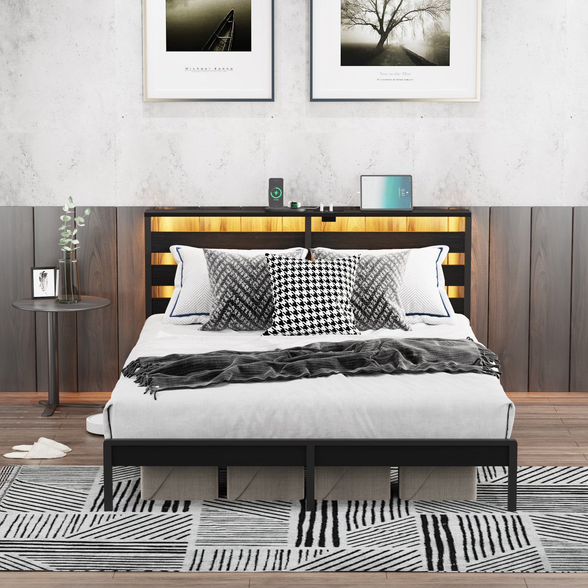 Full Size Metal Platform Bed Frame with Wooden Headboard and Footboard with USB LINER, LED Lights, No Box Spring Needed, Under Bed Storage, Easy Assemble