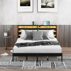 Full Size Metal Platform Bed Frame with Wooden Headboard and Footboard with USB LINER, LED Lights, No Box Spring Needed, Under Bed Storage, Easy Assemble