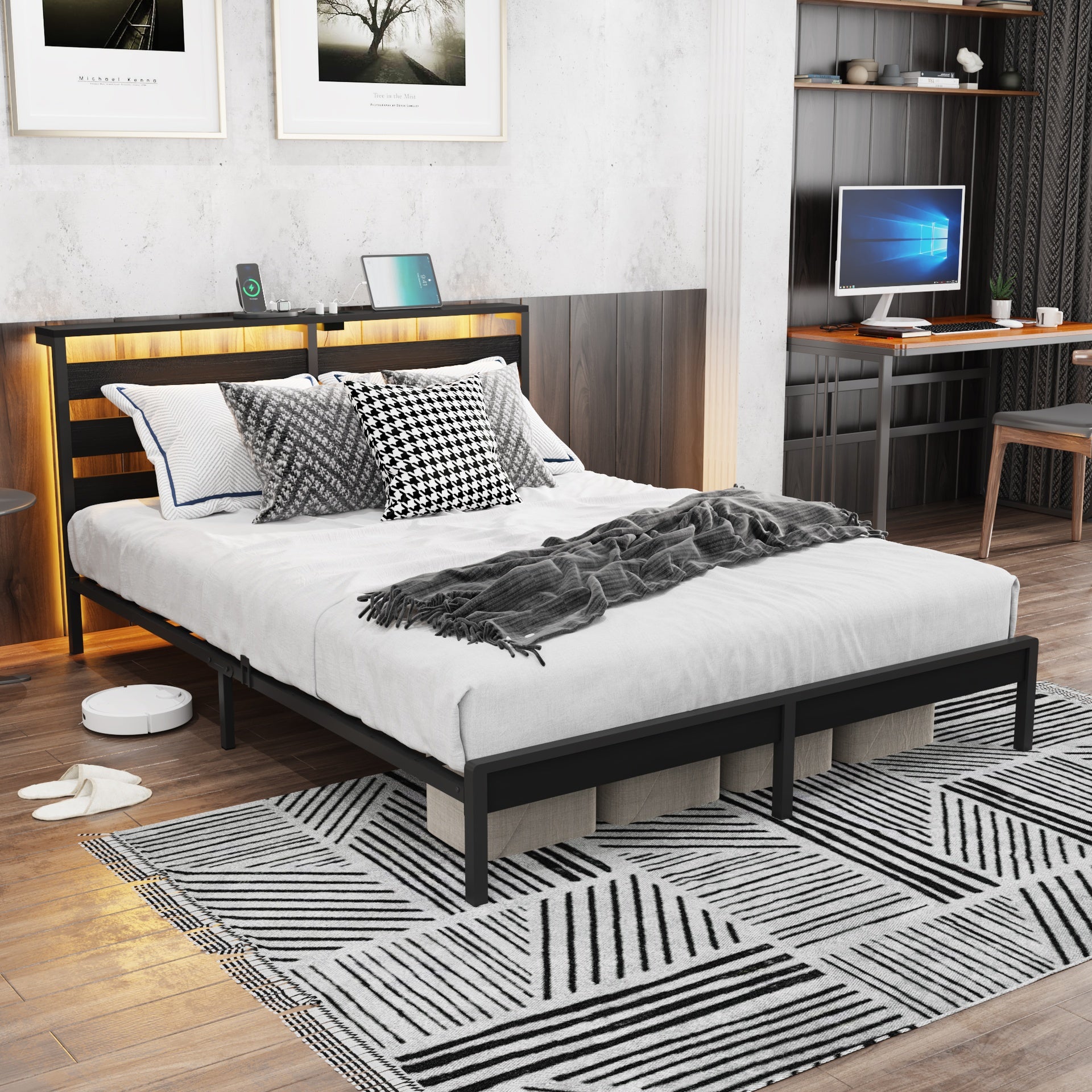 Full Size Metal Platform Bed Frame with Wooden Headboard and Footboard with USB LINER, LED Lights, No Box Spring Needed, Under Bed Storage, Easy Assemble