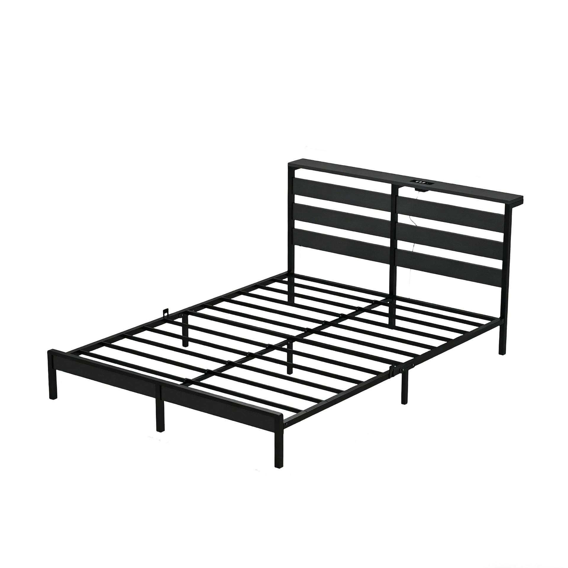 Full Size Metal Platform Bed Frame with Wooden Headboard and Footboard with USB LINER, LED Lights, No Box Spring Needed, Under Bed Storage, Easy Assemble