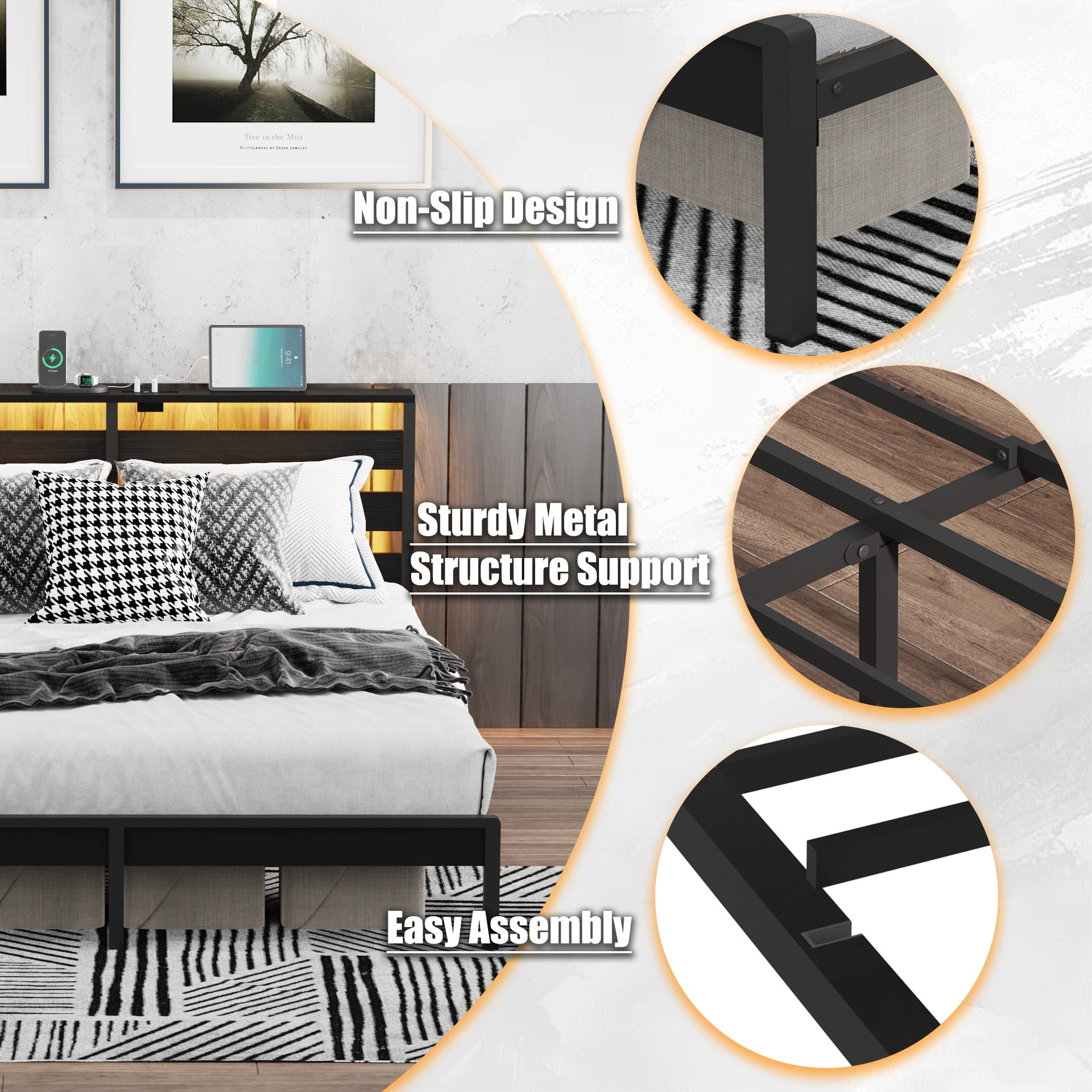 Full Size Metal Platform Bed Frame with Wooden Headboard and Footboard with USB LINER, LED Lights, No Box Spring Needed, Under Bed Storage, Easy Assemble