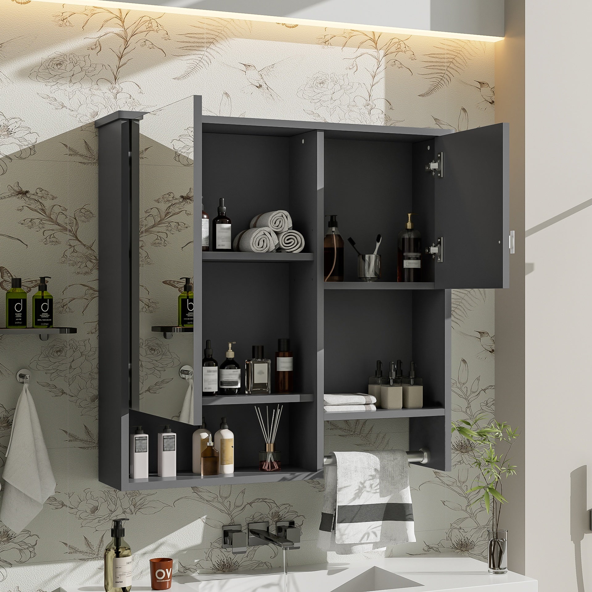 29'' x 28'' Modern Wall Mounted Bathroom Medicine Cabinet, Bathroom Wall Storage Cabinet with Mirror, Over the Toilet Space Saver Cabinet with Towels Bar