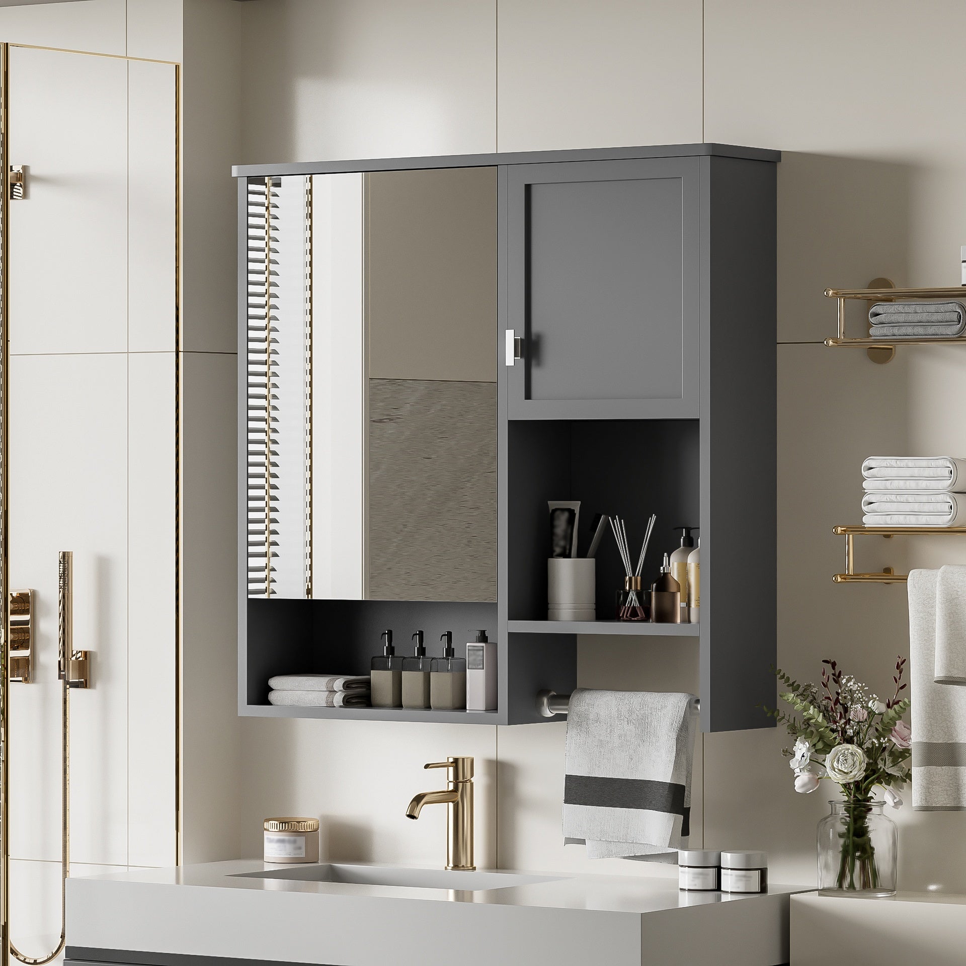 29'' x 28'' Modern Wall Mounted Bathroom Medicine Cabinet, Bathroom Wall Storage Cabinet with Mirror, Over the Toilet Space Saver Cabinet with Towels Bar