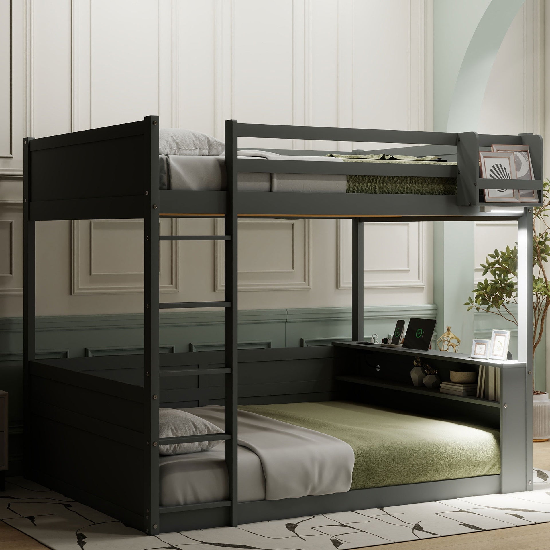 Queen Size Wooden Bunk Bed with Built-in Shelves,Storage Box,LED Light and USB Charging Station,Grey