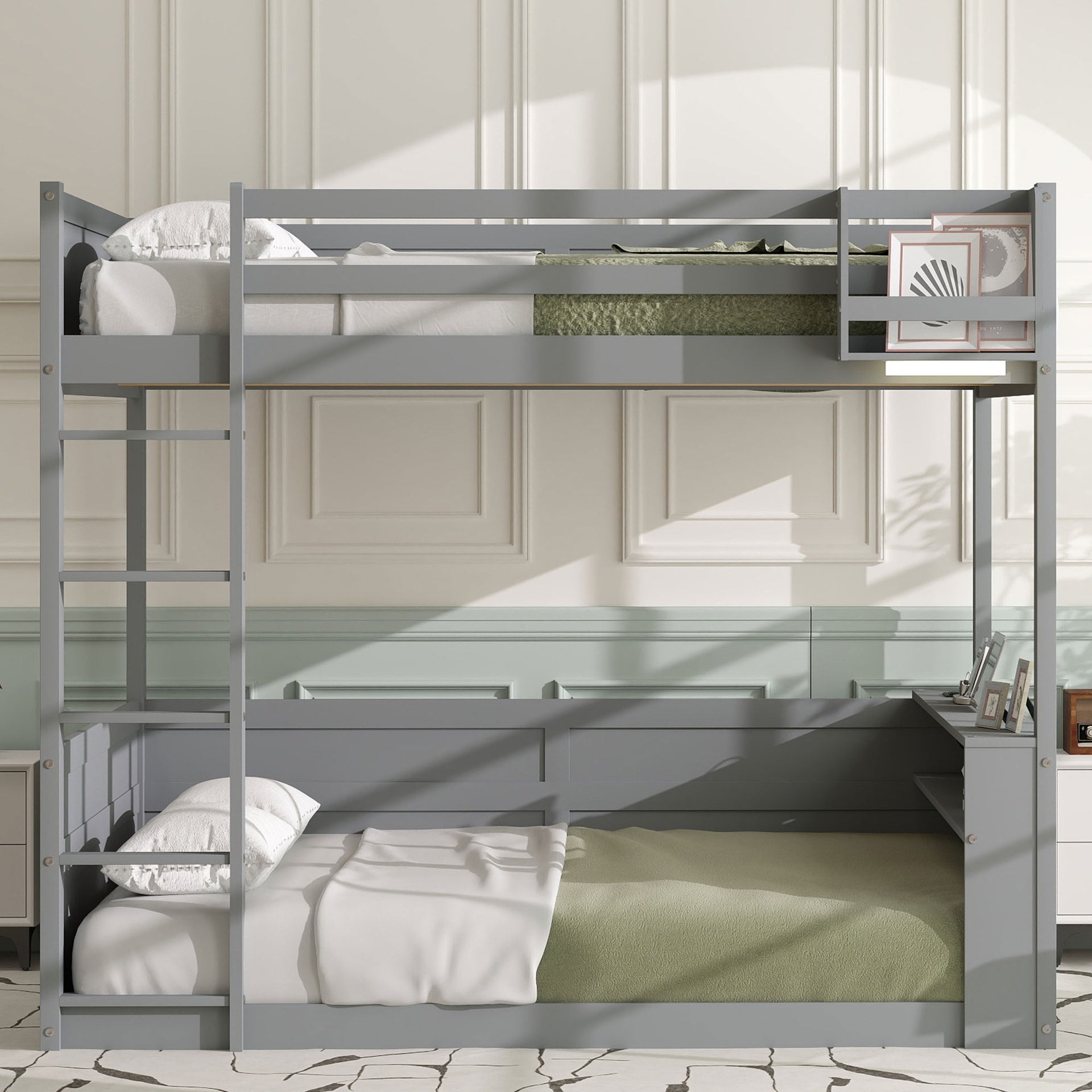 Queen Size Wooden Bunk Bed with Built-in Shelves,Storage Box,LED Light and USB Charging Station,Grey